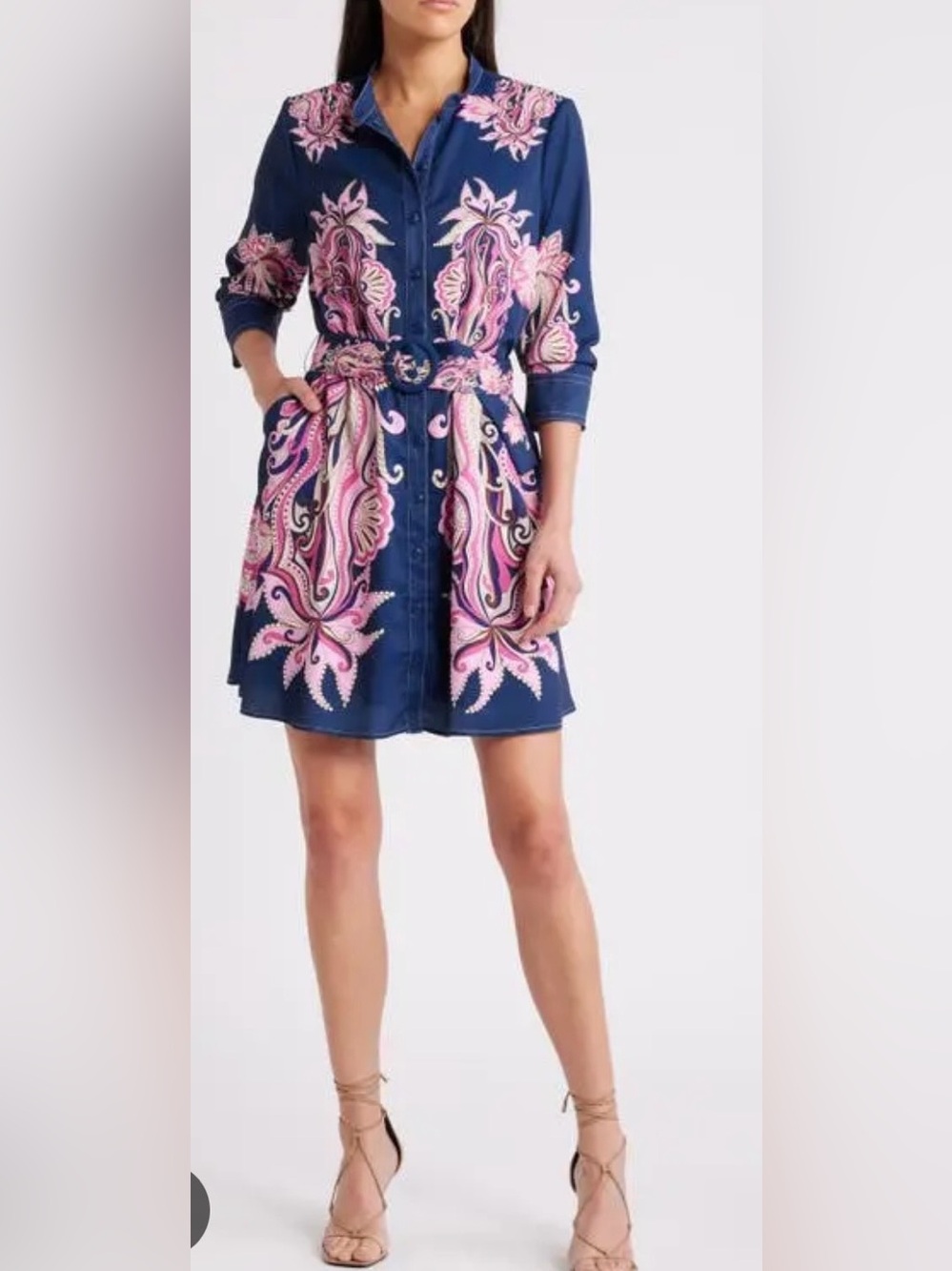 Women's Navy Shirt Dress with Pink Paisley Print
